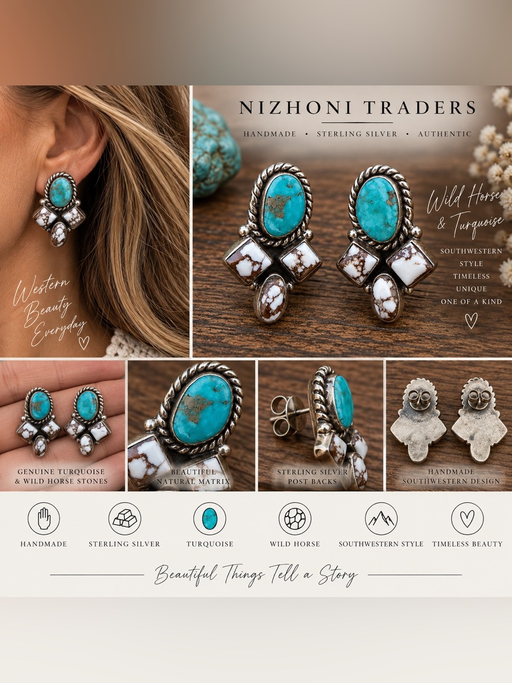 Nizhoni Wild Horse Turquoise Sterling Silver Cluster Earrings